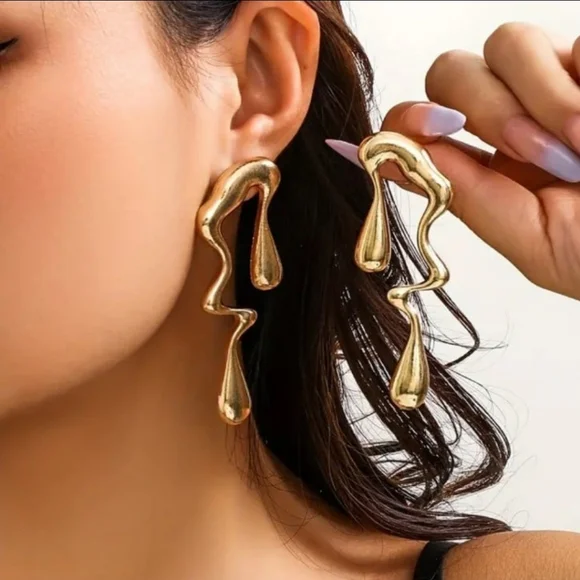 Abstract Gold Drip Effect Earrings - Picture 1 of 5